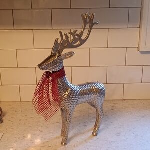 Pier 1; 14 Inch Silver Metal Reindeer Figurine & Red Scarf And Felt Pads On 🐾